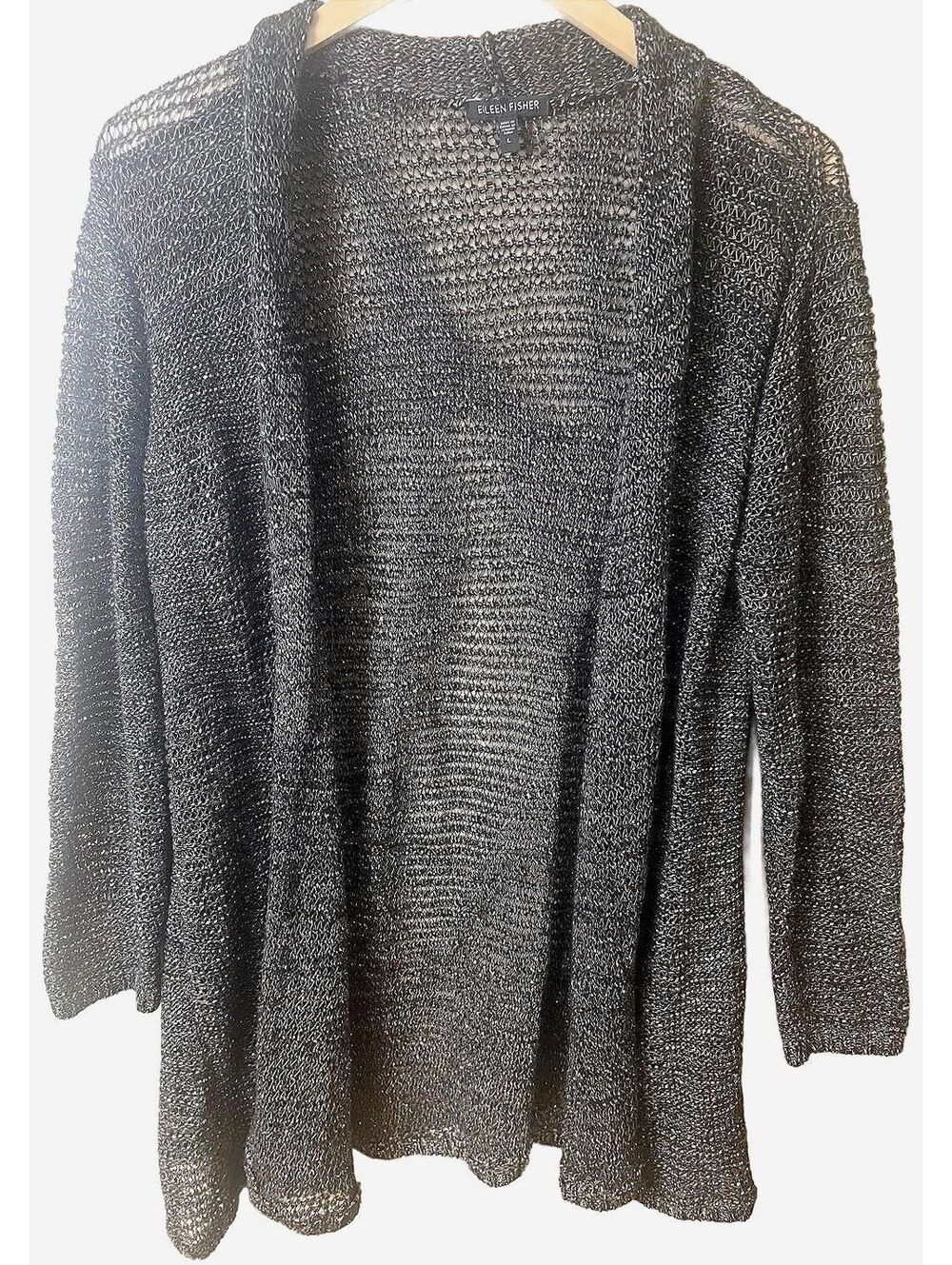 Eileen Fisher Large Metallic Linen Blend Draped Open Front Cardigan Gray